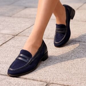 Christian Louboutin Navy Suede Perforated Leather Penny Loafers Slip On Shoes 36